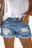 Women's Distressed Ripped Rolled Hem Blue Denim Shorts